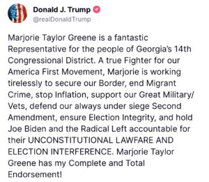 Marjorie Taylor Greene Instagram - I’m honored to have President Trump’s endorsement for another term as your Congresswoman!

If you haven’t already voted early, remember to #FloodThePolls tomorrow and vote for Marjorie Taylor Greene!!

Find your polling location: 🔗 LINK IN BIO