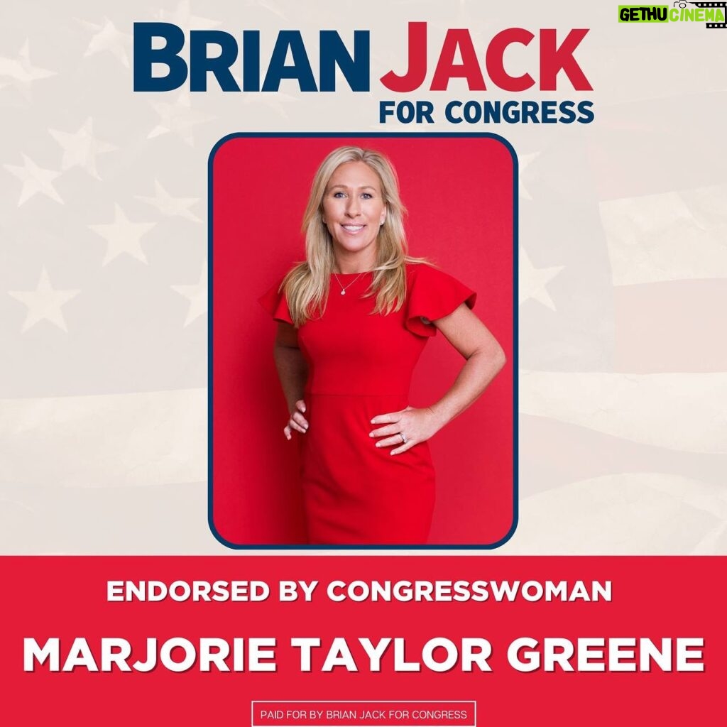 Marjorie Taylor Greene Instagram - All MAGA Patriots in Georgia’s 3rd district must get out and vote for Brian Jack! He’s been a loyal servant to the America First movement and has been by President Trump’s side for the last 8 years. I need fighters by my side in Congress to help defeat the democrats and stop them from destroying our country. Get out and vote! Bring any like-minded conservative friends and families to the polls! This election is too important to sit out. We have a country to save!
