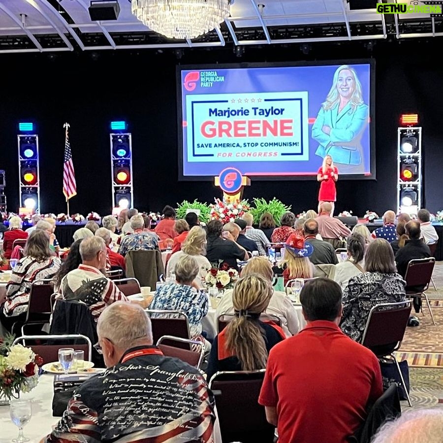 Marjorie Taylor Greene Instagram - It’s great to be in Columbus this morning with hundreds of dedicated activists at the Georgia GOP Victory Breakfast! The people in this room will make sure Georgia is delivered for President Trump in November!