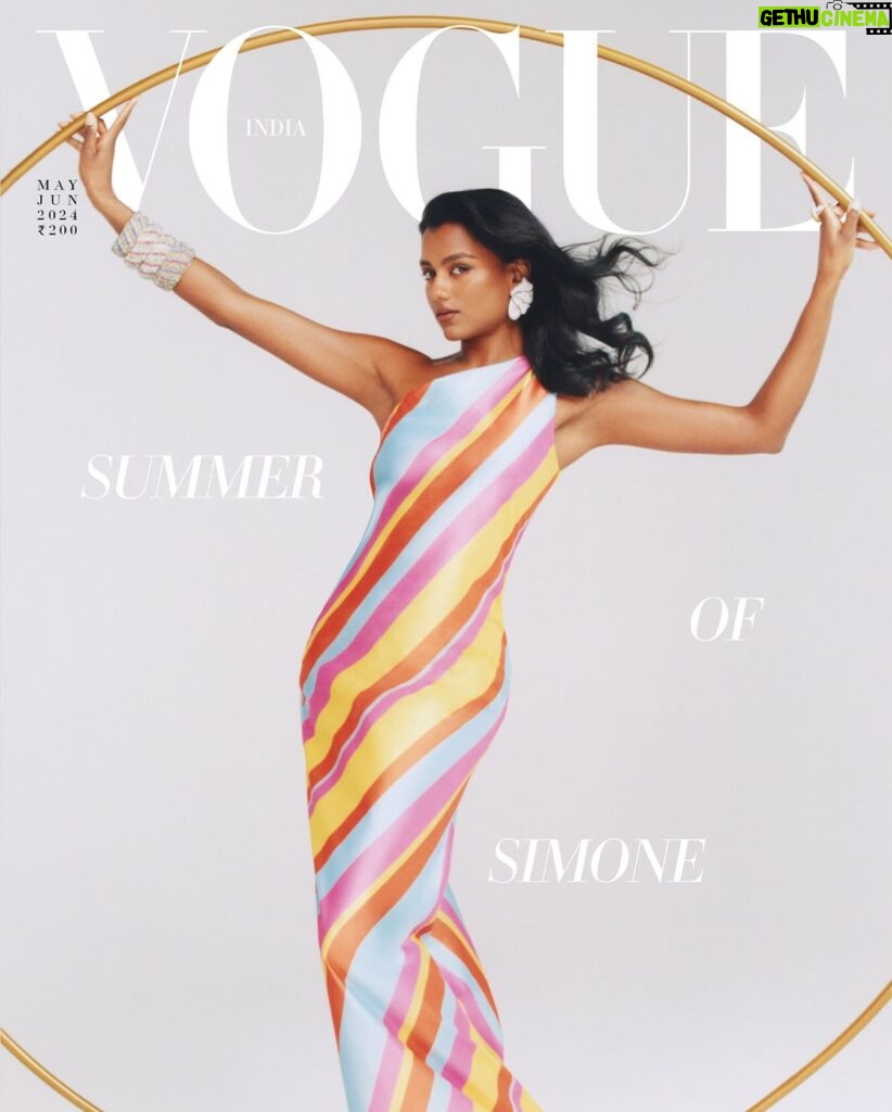 Masaba Gupta Instagram - @SimoneAshley wears House of Masaba’s Kinda Kooture ‘Tutti Fruti Candy Striped One-Shoulder Dress’ for the cover of @vogueindia’s May-June 2024 issue. The New Collection drops May 27th,2024. #MumbaiToMykonos #HouseOfMasaba #SimoneAshley #vogueindia
