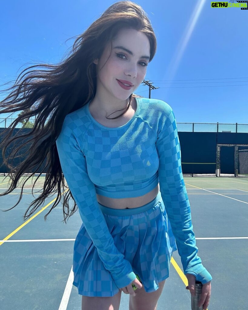 McKayla Maroney Instagram - Hope everyone’s been enjoying their summer💙Wimbledon has been so fun to watch! but after playing some tennis today, I’m sad to tell you, the only thing I know how to serve well is an outfit 😩 Gymnastics deeply engrained in me that bent arms are evil, and it’s gona take some serious work to retrain that. 😂 The last slide was me, but much worse