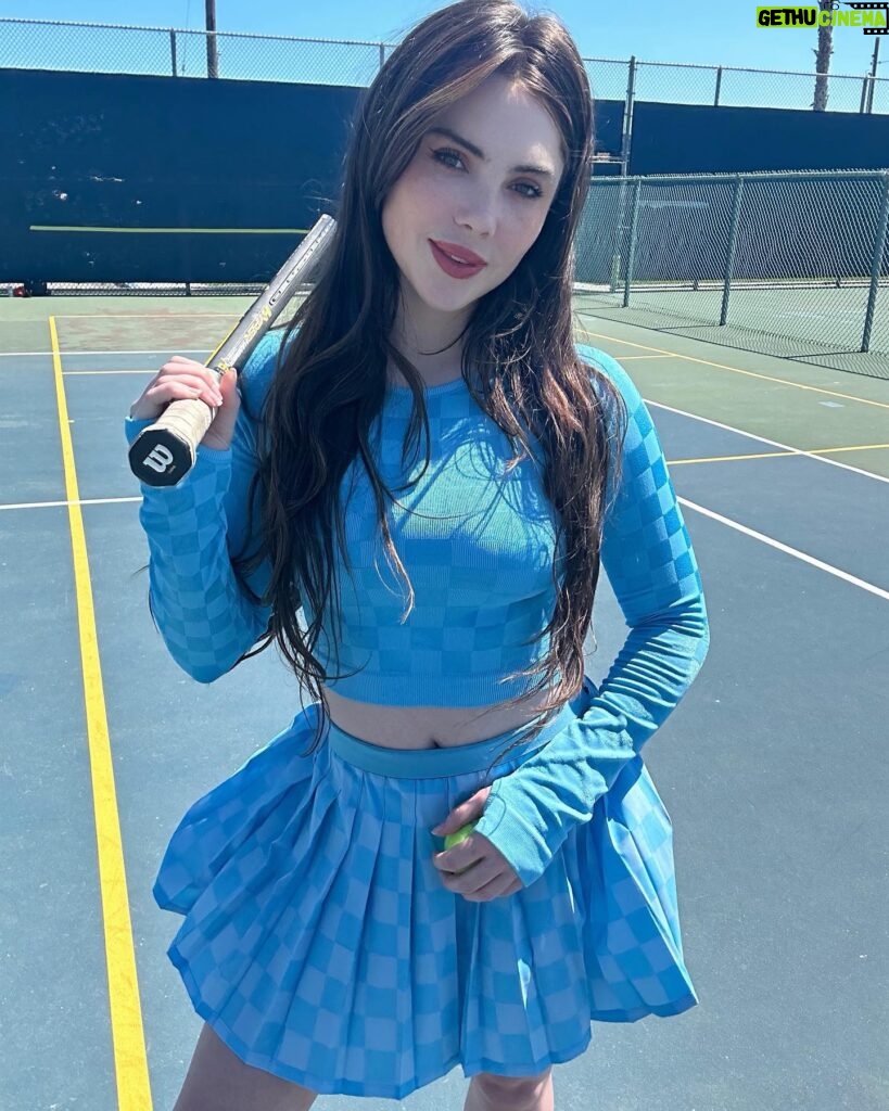 McKayla Maroney Instagram - Hope everyone’s been enjoying their summer💙Wimbledon has been so fun to watch! but after playing some tennis today, I’m sad to tell you, the only thing I know how to serve well is an outfit 😩 Gymnastics deeply engrained in me that bent arms are evil, and it’s gona take some serious work to retrain that. 😂 The last slide was me, but much worse