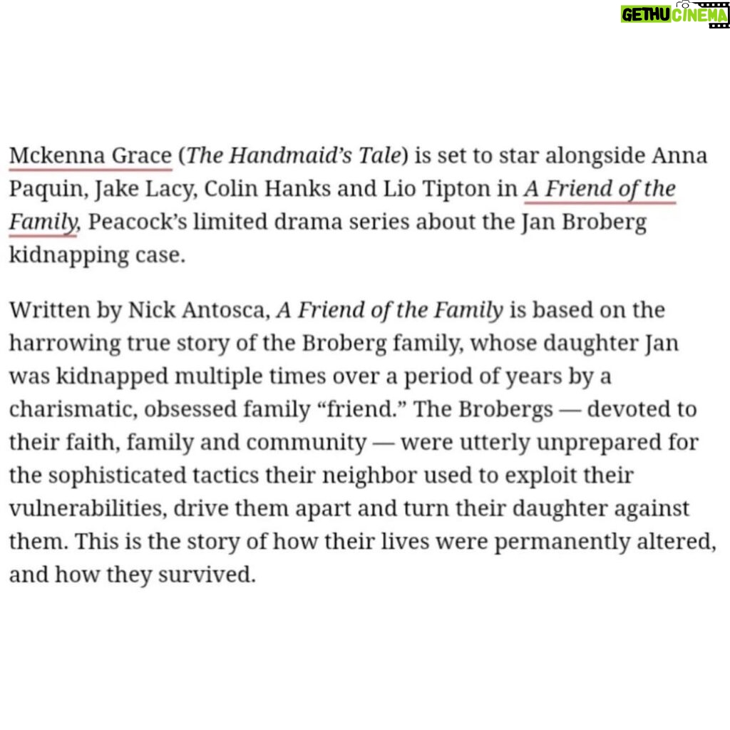 Mckenna Grace Instagram - Thrilled to be a part of an incredible team telling the true life story of Jan Broberg and her family