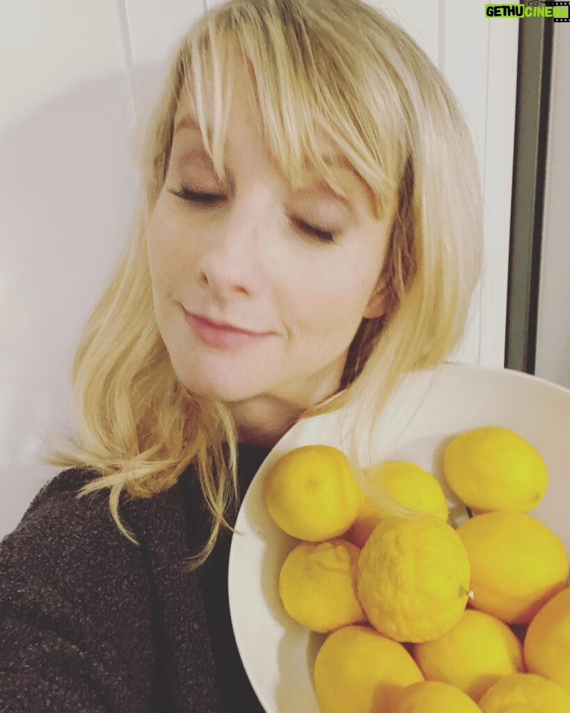 Melissa Rauch Instagram - I told myself I wasn't going to waste time taking multiple pics when taking a selfie for IG, so here you go....my first and only pic. Nailed it. Had a bunch of lemons from a tree in my yard so decided to make some LEMON COOKIES! Here's the recipe (they happen to be #GlutenFree and #Vegan (unless you decide to top them with spaghetti and meatballs in which case they would be #neither...your call)! Ingredients: 2 cups almond flour 1 cup oat flour 1/4 cup coconut sugar 1 tsp baking powder pinch of salt (if you have a big pincher take it easy) Zest of two lemons 1/4 cup fresh lemon juice (May I recommend you use the juice from the lemons you zested so that you're not wasting lemons. Plus, I find the lemons look sad and angry after they've been zested, so I feel like juicing them afterward gives them a sense of purpose and makes them calm down) 1 tablespoon vanilla extract 2 tablespoons maple syrup 1 tablespoon coconut oil (melted) Mix dry ingredients, then when they get sick of each other and want to liven things up, add the wet ingredients. They'll welcome the change of texture. Am I aware that I keep anthropomorphizing food? Yes, and get off my junk before I send a zested lemon to teach you a lesson. Mix it all together until it forms a big ball of sticky dough. Put in the fridge for about an hour. Not going to tell you what to do with that hour other than preheat the oven at some point to 350 and spend some time thinking about how you judged me a couple sentences back. After an hour, use a cookie scoop or a tablespoon and place dough on a baking sheet. Bake for about 10-15-ish minutes. You're going to have to do you here because I forgot to time it exactly. Take them out and enjoy. Unless you don't enjoy lemon, in which case you will absolutely hate themm! *I realize I have an extra "m" in "them" - but I also told myself I won't waste time fixing typos, so it's staying as is.