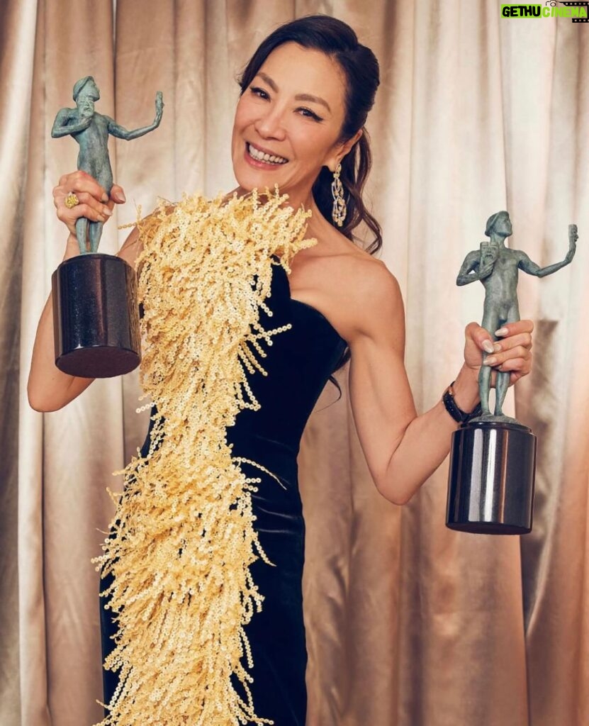 Michelle Yeoh Instagram - What an incredible and memorable night!! So sad I can’t be there tonight! Congratulations to all nominees and Cheers!!! You are all winners 🥂✨ @sagawards