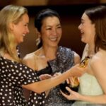 Michelle Yeoh Instagram – Congratulations Emma!! I confused you , but I wanted to share that glorious moment of handing over Oscar to you together with your best friend Jennifer!! She reminded me of my Bae Jamie Lee Curtis ♥️✨ always there for each other!! 😘😘😘