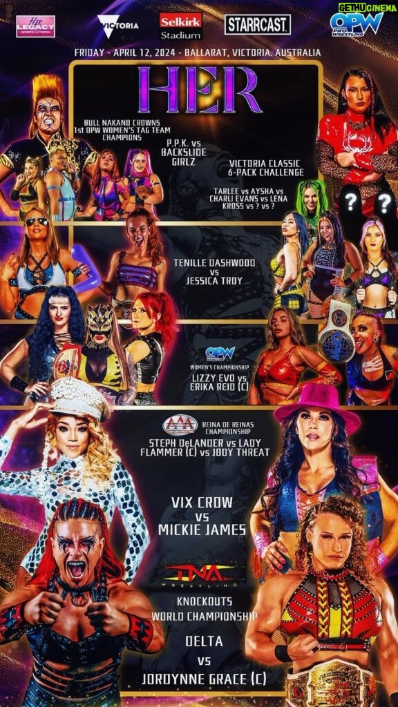 Mickie James Instagram - #HER is shaping up to be absolutely LOADED! 💪 @tnawrestling #knockouts champion @jordynnegrace defends against @delta_prowrestler 💥 The @luchalibreaaa #reinadereinas title is up for grabs in a triple-threat as @ladyflammer_ faces @jodythreat & @stephdelander 💥 best friends become better foes as @thefoxxyone squares off w/ @themickiejames 💥 Don't miss special apperances by @bull__nakano & @reallisamarie -- plus the 1st ever @opwlive women's tag team champions crowned! 📅 Friday -- April 12th 📍🇦🇺 Ballarat, Victoria, Australia @selkirkstadium For 🎟️ & more info 🔗 STARRCAST.COM #australia #prowrestling #tna #tnawrestling #AAA #wwe #wweraw #wwesmackdown #smackdown #starrcastdownunder #starrcast #victoria #delta #mickiejames #aliciafox #vix #crow #jordynnegrace #wrestling #downunder