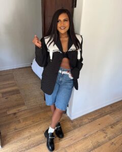 Mindy Kaling Instagram - This is one of those looks that would be best photographed with no bra but it was just a “I’m not taking my bra off” day. Also: never worn Bermuda length shorts? What do you think?