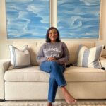 Mindy Kaling Instagram - I can’t stop staring at the swirling waters of my friend @kristentirney’s diptych that I commissioned. Malibu water is cold, gorgeous and dark blue-black 🌊🌊🌊… but these feel tropical, like they’d be so warm and inviting to dip my feet in. 🌴🌴🌴It’s been so cold this spring and I love picturing myself in these waters! I’m such a fan of her work - please check Kristen out. 💕