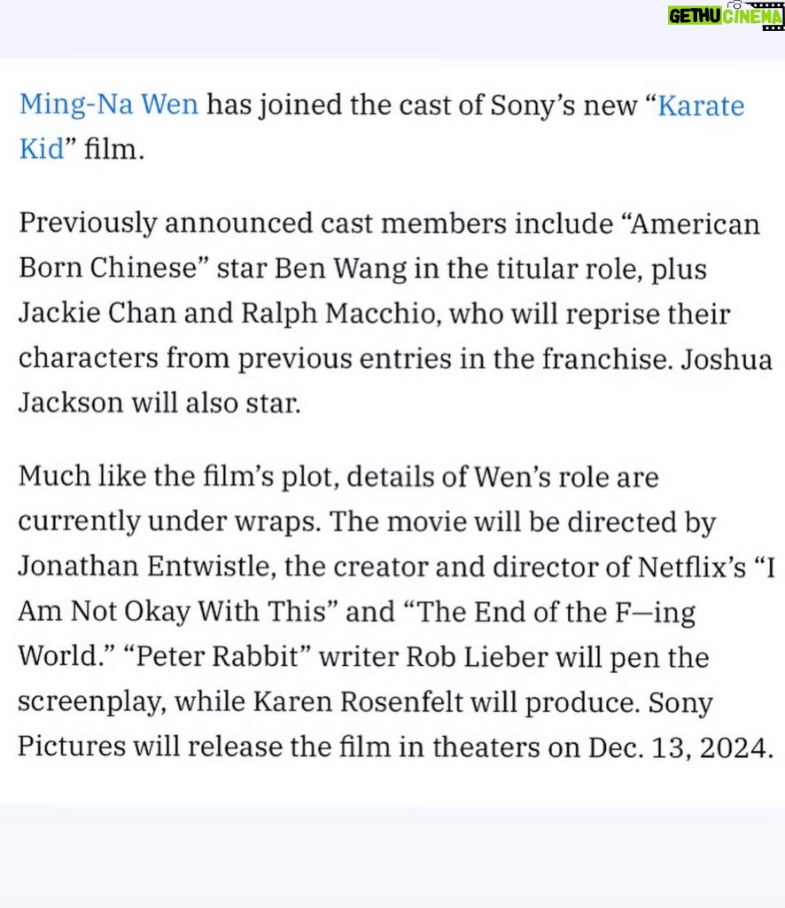 Ming-Na Wen Instagram - I am thrilled and excited to join the cast of the new #KarateKid film! 🥋👏🏼🥰❤️ Directed by @jonathan_entwistle👏🏼 Comes out Dec 2024!! #waxonwaxoff