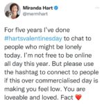 Miranda Hart Instagram - You are not alone in being alone. Many people are single, grieving or in abusive relationships. Being single is not a lesser trait. Reach out and share and be gentle with yourself. You always have you on your side. Love oo. 💕 #hartsvalentinesday