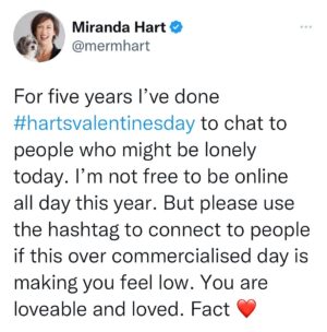 Miranda Hart Instagram - You are not alone in being alone. Many people are single, grieving or in abusive relationships.  Being single is not a lesser trait. 
Reach out and share and be gentle with yourself. You always have you on your side.  Love oo. 💕 
#hartsvalentinesday