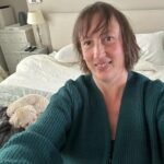 Miranda Hart Instagram - Just an over-sized lady feeling snug on an over-sized bed in her new scrumptious over-sized cardigan feeling over-sizedly excited about life (and an under sized dog). Cardigan is @joanieclothing Really recommend. Planet friendly. Larger size friendly. Price friendly. #joanieclothing