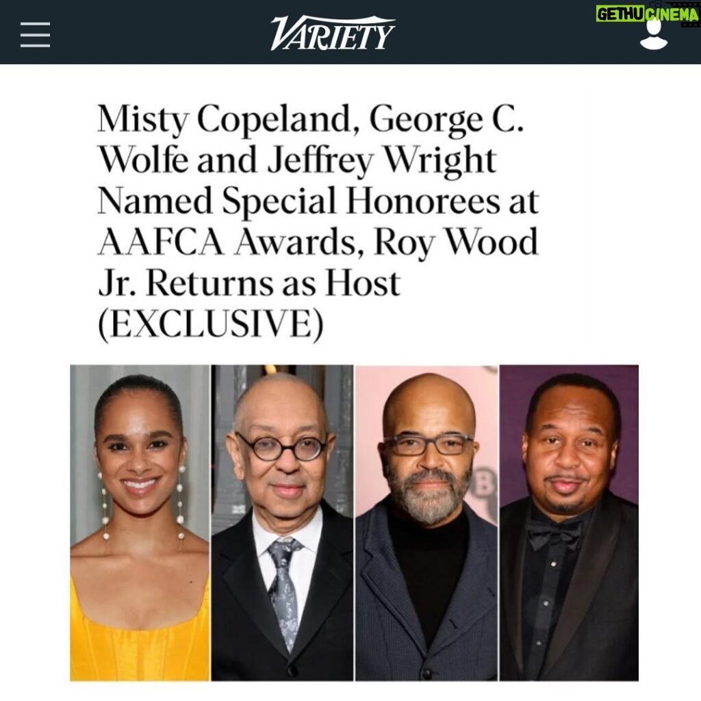 Misty Copeland Instagram - So proud of our fearless leader and co-founder @mistyonpointe being honored by the African American Film Critics Association with their Innovator Award which recognizes individuals who have made important contributions to film and beyond. Among the other awards honorees: George C. Wolfe, Jeffrey Wright, Ava DuVernay, Coleman Domingo, and Lily Gladstone ✨✨