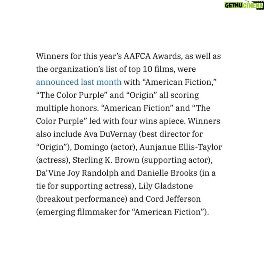 Misty Copeland Instagram - So proud of our fearless leader and co-founder @mistyonpointe being honored by the African American Film Critics Association with their Innovator Award which recognizes individuals who have made important contributions to film and beyond. Among the other awards honorees: George C. Wolfe, Jeffrey Wright, Ava DuVernay, Coleman Domingo, and Lily Gladstone ✨✨