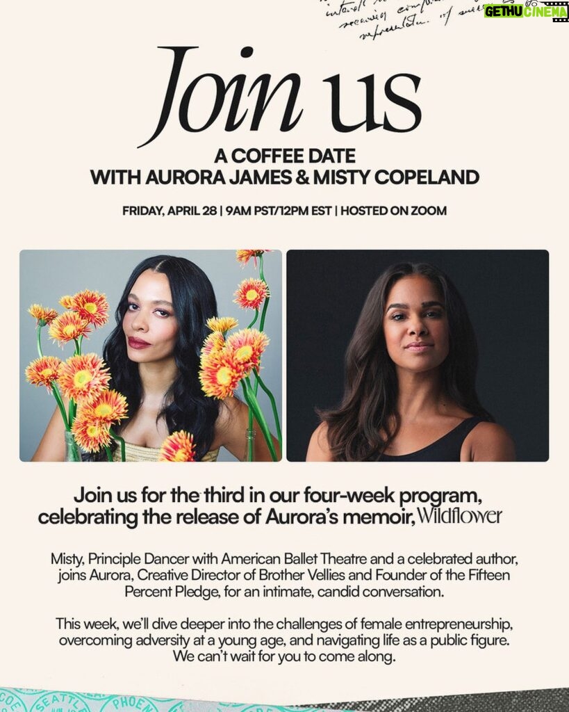 Misty Copeland Instagram - I am so so excited to be joined by the incredible @mistyonpointe this Friday for the third in my series of Coffee Dates leading up to the launch of my memoir, Wildflower 🪷 I can’t believe it, but we are officially just TWO WEEKS AWAY from pub date!! With that in mind, I feel so lucky to get to chat with Misty about topics near and dear to me, that I also get into in my book. I am in total awe of her and everything she’s accomplished - this week, we will be discussing your questions (info for how to submit in stories!) as well as the challenges of life in the public eye, facing and overcoming adversity at a young age, body image, and more. These subjects are so important to me, so I’m incredibly excited to get to speak candidly and openly about them with someone I am grateful to call a close friend. Please join me and Misty this Friday for this very special convo, and again, more info in stories to sign up!