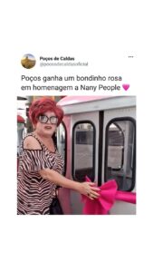 Nany People Instagram - 🚠Quem diria que o famosíssimo cartucho cor de rosa se tornaria hoje um bondinho, sinônimo de garra e determinação da atriz e humorista Nany People. Preparados para viver essa aventura cor de rosa? Cc @claudia_camillo 📍Pela cidade ☀️ Use #PocosDeCaldas 🤳🏻 Marque @pocosdecaldasoficial em seus storys ✅ @pocosdecaldasoficial 📸 Quer aparecer aqui ? Nos chame pelo link que está na Bio. (imagem: reprodução internet / instagram) #pocosdecaldas #minasgerais #cultura #tevipocosdecaldas #orgulhodestaterra #facoparte #amomuitotudoisso