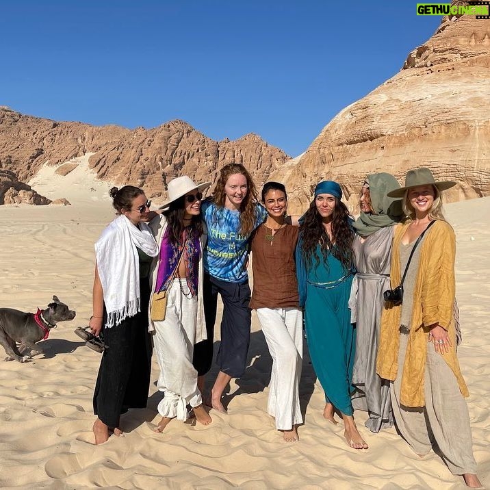 Nathalie Kelley Instagram - An escape into the Sinai desert with our Bedouin brothers to dream of new JUST and JOYFUL futures with these climate justice warriors; amongst us singers, storytellers and policy makers. Earlier that week Youseff, a Bedouin man had told me how grateful he was that we were bringing the climate change conversation to Sinai. He told me that the Bedouins are also very aware that the world is now out of balance… he said even when they go to eat their traditional foods, like goats - they are now finding plastic inside. :( On this particular sunrise we imagined a post plastic and fossil fuel future - a world in which our more-than-human family (the animals, fungi, trees, mountains and waters) were seen as KIN. Thank you @lilycole for facilitating this potent meeting of minds and hearts. (Also loving your recent name change to Lily Solar Power!) And thank you @louisderohan for capturing the magic of these desert moments. #COP27