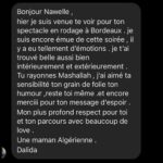 Nawell Madani Instagram – Bordeaux♥️
–  magnifique moment avec une standing ovation mémorable. On remet ça ce soir! 
– merci Nicolas et Jacqueline, la nourriture était exceptionnelle. On a noté les recettes #gina 
– vos retours et vos messages me donnent une force incommensurable pour attaquer la tournée.
– fierté du poto en librairie @mouradwinter 
– y en a une qui bombarde sur son vespa pendant que la daronne charbonne.
– LA TOURNÉE S’ANNONCE BIENTÔT COMPLÈTE…infos dans la bio ⬆️