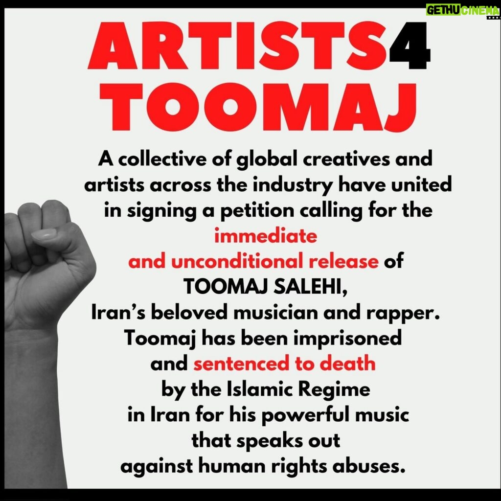 Nazanin Boniadi Instagram - Artists4Toomaj, a collective of global creatives, urgently appeals to the UN to repeal Toomaj Salehi’s unjust death sentence and secure his immediate release. “As artists, we call for the repeal of Toomaj Salehi’s unjust death sentence and his immediate and unconditional release. We believe that no artist should be imprisoned or executed for expressing dissent.” Toomaj, a renowned and beloved Iranian rapper, is on death row for his outspoken criticism of the Islamic Republic authorities in his lyrics. His case is critical, especially following the regime’s intensified crackdown and imposition of harsh sentences on political prisoners in response to the nationwide jubilation after President Raisi’s death. Join 100s of artists like Duran Duran, Nazanin Boniadi, Riz Ahmed, Ken Loach, Peter Gabriel, Golshifteh Farahani, Simon Pegg, Omid Djalili, Dev Patel, and many more in demanding justice for Toomaj. Visit the link in @United4Mahsa’s bio for our press release and letter to the UN. Free Toomaj Now! #FreeToomaj #HumanRights #ArtistsForJustice #توماج_صالحی #StopExecutionsInIran
