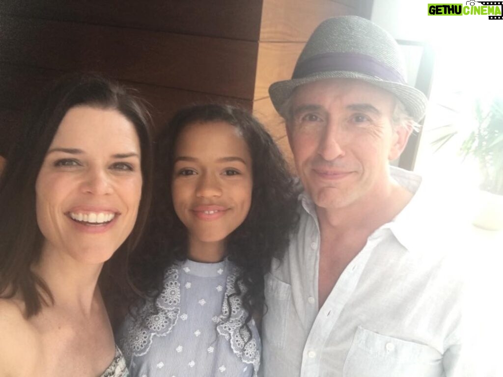 Neve Campbell Instagram - Having a blast on set with these fantastic co stars. The brilliant and hilarious Steve Coogan and a fellow Canadian beauty and very special new talent Taylor Russell. Gorgeous day shooting at the beach on our movie 'Hot Air' . So lucky!!! #stevecoogan @tayrrussell #solucky