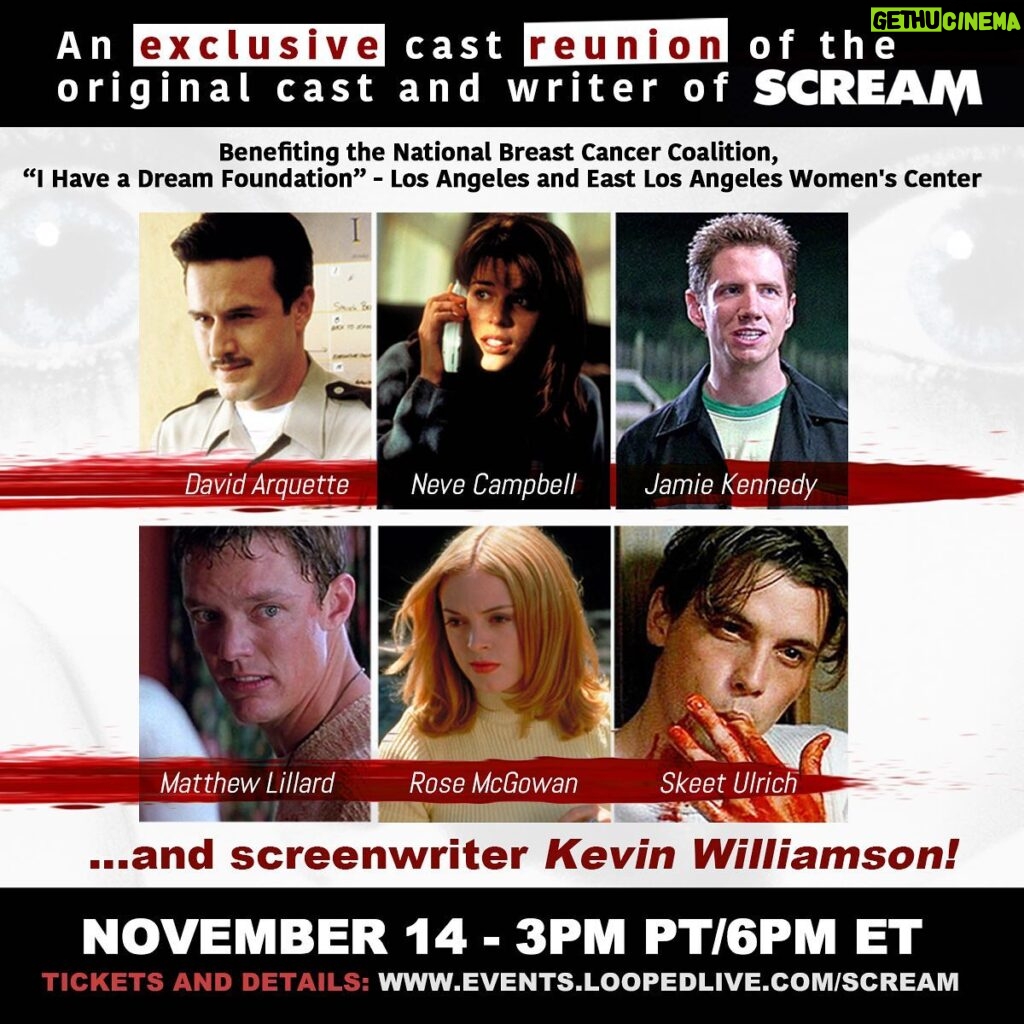 Neve Campbell Instagram - I'm reuniting with my friends from the original cast of SCREAM this Sat at 3pm PT. Please go to www.events.loopedlive.com/scream and grab a ticket and a one-on-one! We're raising money for @ihadla @nationalbreastcancercoalition and #eastlosangeleswomenscenter - all amazing organizations that provide crucial resources to women and children.