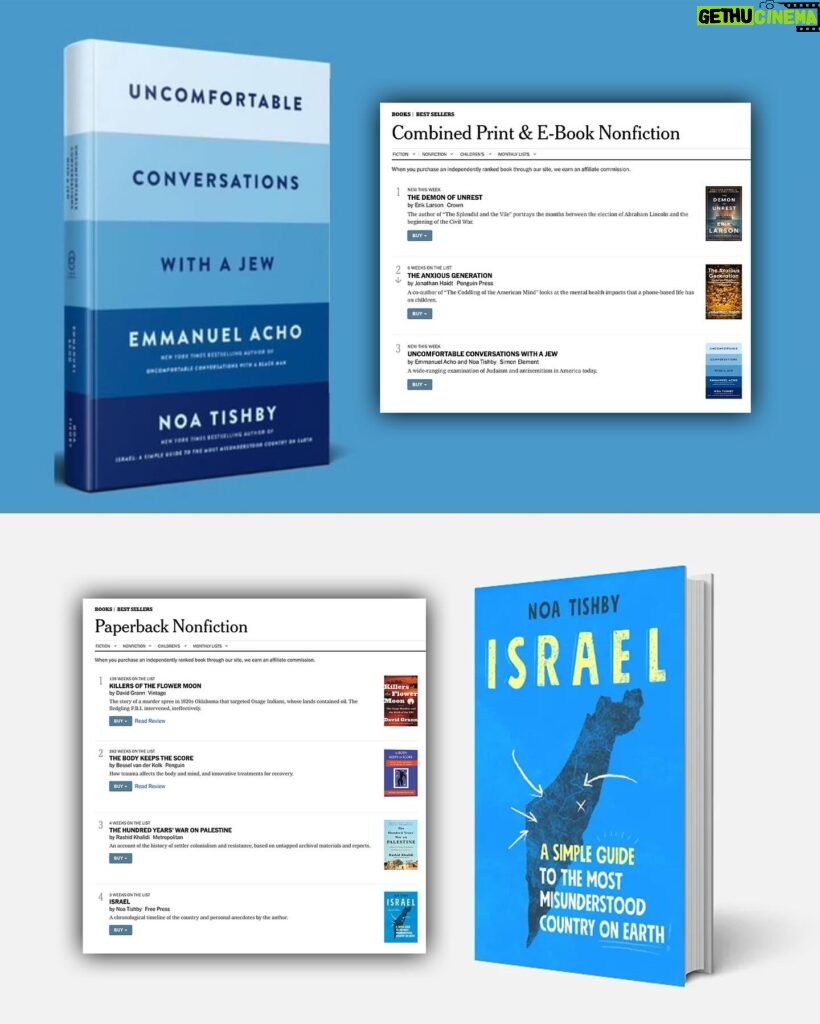 Noa Tishby Instagram - Oh what a day… I just found out that our new book “Uncomfortable Conversations with a Jew” made it on the @nytimes best-selling list…. In addition my first book: “Israel - a Simple Guide to the Most Misunderstood Country on Earth” just made it back on the list which means I have two books on The NY Times list at the same time and I am speechless and beyond grateful… Thank you to my coauthor the incredibly talented thoughtful and brave @emmanuelacho. Your curiosity, passion and commitment made all this possible. You are a truth warrior and I love and appreciate you so so much. Thank you so much to everyone who purchased a copy of our new book and made all this possible. This book is meant to be a resource for our communities. It’s meant to inspire hope amid these tough times, and we hope we are able to do just that. I love you all so so much. Xo Noa