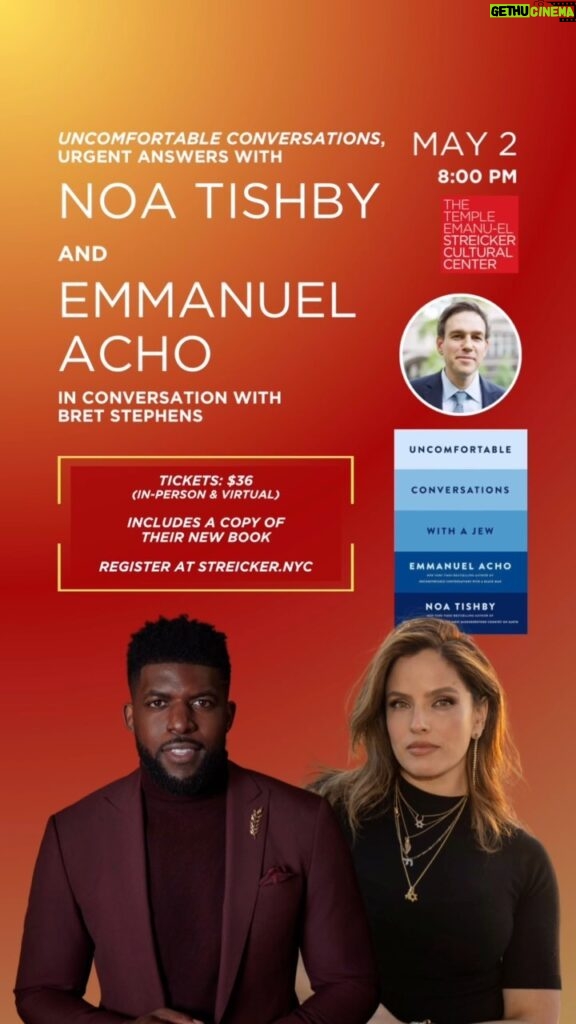 Noa Tishby Instagram - 📢 DUE TO HIGH DEMAND 📢 More in-person tickets have just been added for @NoaTishby and @EmmanuelAcho at the Streicker Cultural Center. Join us on Thursday, May 2nd at 8pm as they sit down with Pulitzer Prize-winning New York Times columnist Bret Stephens for some “uncomfortable conversations.” Tickets start at $36 (available for both in-person and virtual) and includes a copy of Noa and Emmanuel’s new book, “Uncomfortable Conversations with a Jew” 📘 Please note that this is a one-time-only live program. No recording will be available if missed 🎥 Click the link in our bio to register today 📲 #streickercenter #noatishby #emmanuelacho #uncomfortableconversations #bretstephens #antisemitism #stopantisemitism #stophate #jew #jews #jewish #proudjew #jewsofinstagram #jewishauthors #jewishcelebrities #jewishlife #jewishculture #jewishpride #jewishjoy #jewishcommunity #jewisheducation #jewishevents #jewishnyc #nyc #nycevents #nycbookevents