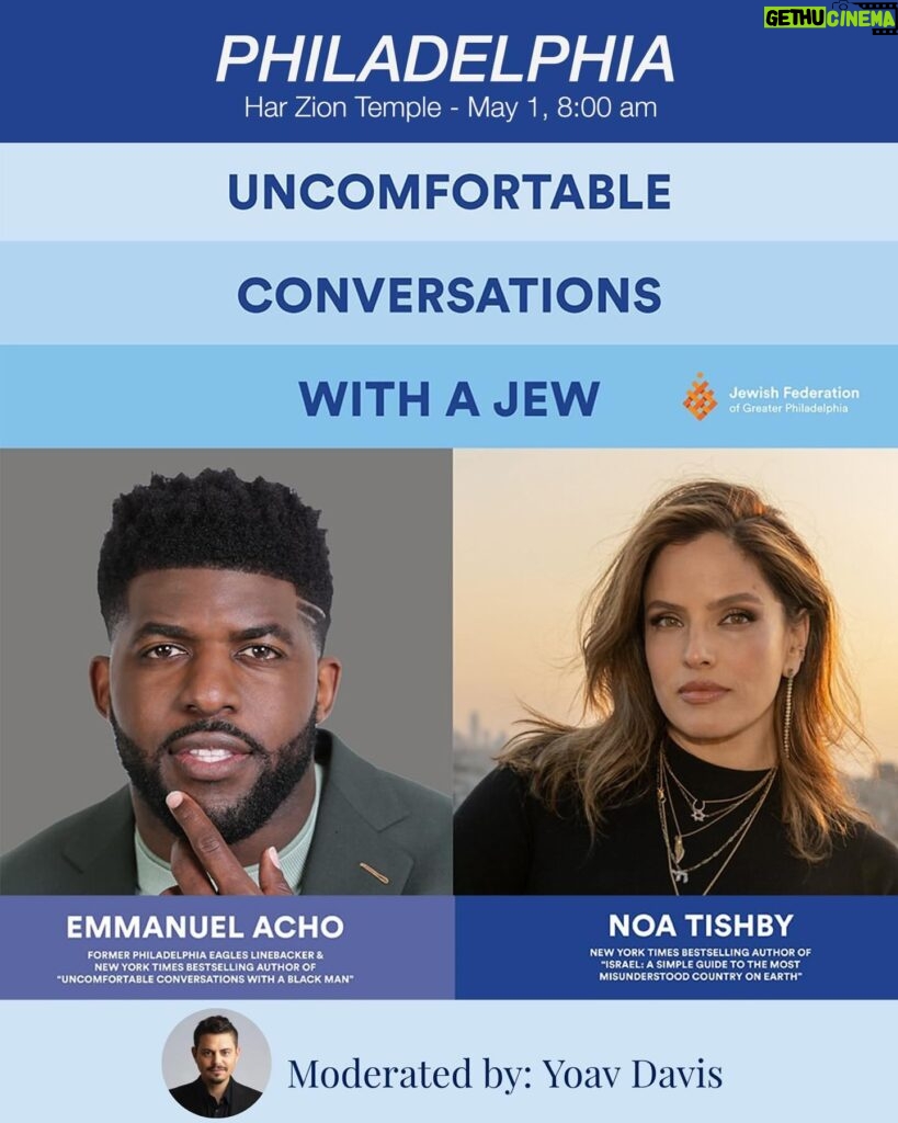 Noa Tishby Instagram - ANNOUNCEMENT: I’m hitting the road with @emmanuelacho to talk about our new book, “Uncomfortable Conversations with a Jew”. I’ll be in NYC, Philly, LA, and Long Island. And there will be some awesome moderators too, including #BretStephens @mandanadayani @yoavdavis and @sbutnick. Head over to my stories to get your tickets now. See you soon! To get my kibbutz Nir Oz T-shirt and many more @haachim_restaurant