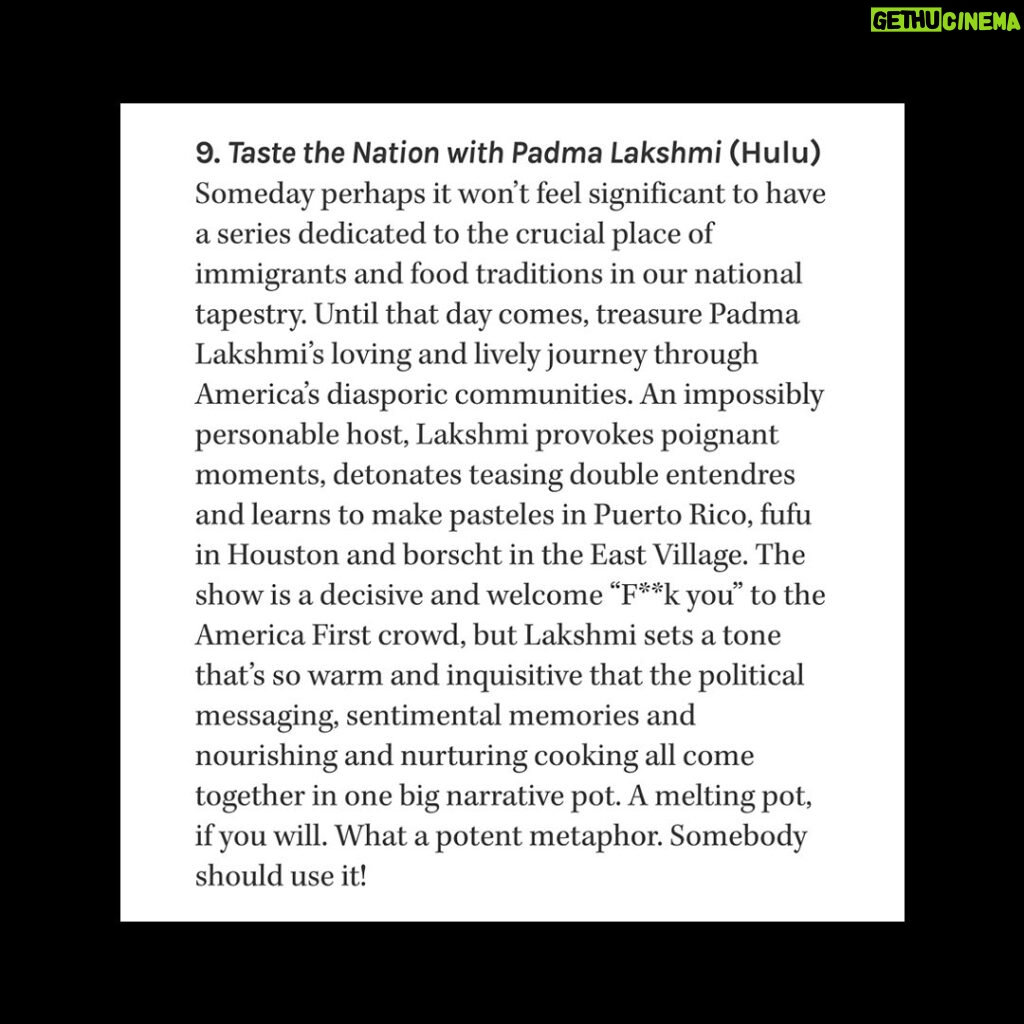 Padma Lakshmi Instagram - Not only is Taste the Nation one of @hollywoodreporter’s best shows of the year, but you can catch it on @natgeo this Sunday! Tune in starting at 1 PM EST!