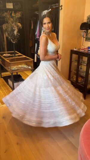 Padma Lakshmi Instagram - One Diwali party down, another to go! Thank you @falgunishanepeacockindia for the beautiful lehengas and blouses for #LittleHands and me!!

💄: @bobscott200 
💇🏽‍♀️: @jeanie.syfu
