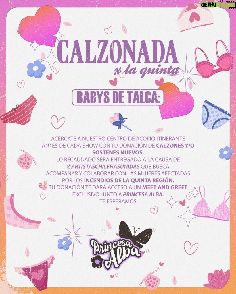 Princesa Alba Instagram - TALCA, nos vemos por primera vez mañana👙💗 y quería invitar a mis fans de la 7ma a que se unan conmigo para entregarle ayuda a las mujeres afectadas de la 5ta. Haremos esta iniciativa en cada lugar de la gira del verano <3 y todo lo recolectado se donará a las damnificadas a través de @artistaschilenasunidas 🧚🏻‍♀️ Flyer donado por mi bb @abrilconbe 🔮 Si estás interesad@ escribe a *** calzonadaxlaquinta@gmail.com *** y te mandaremos la info de la convocatoria🩲