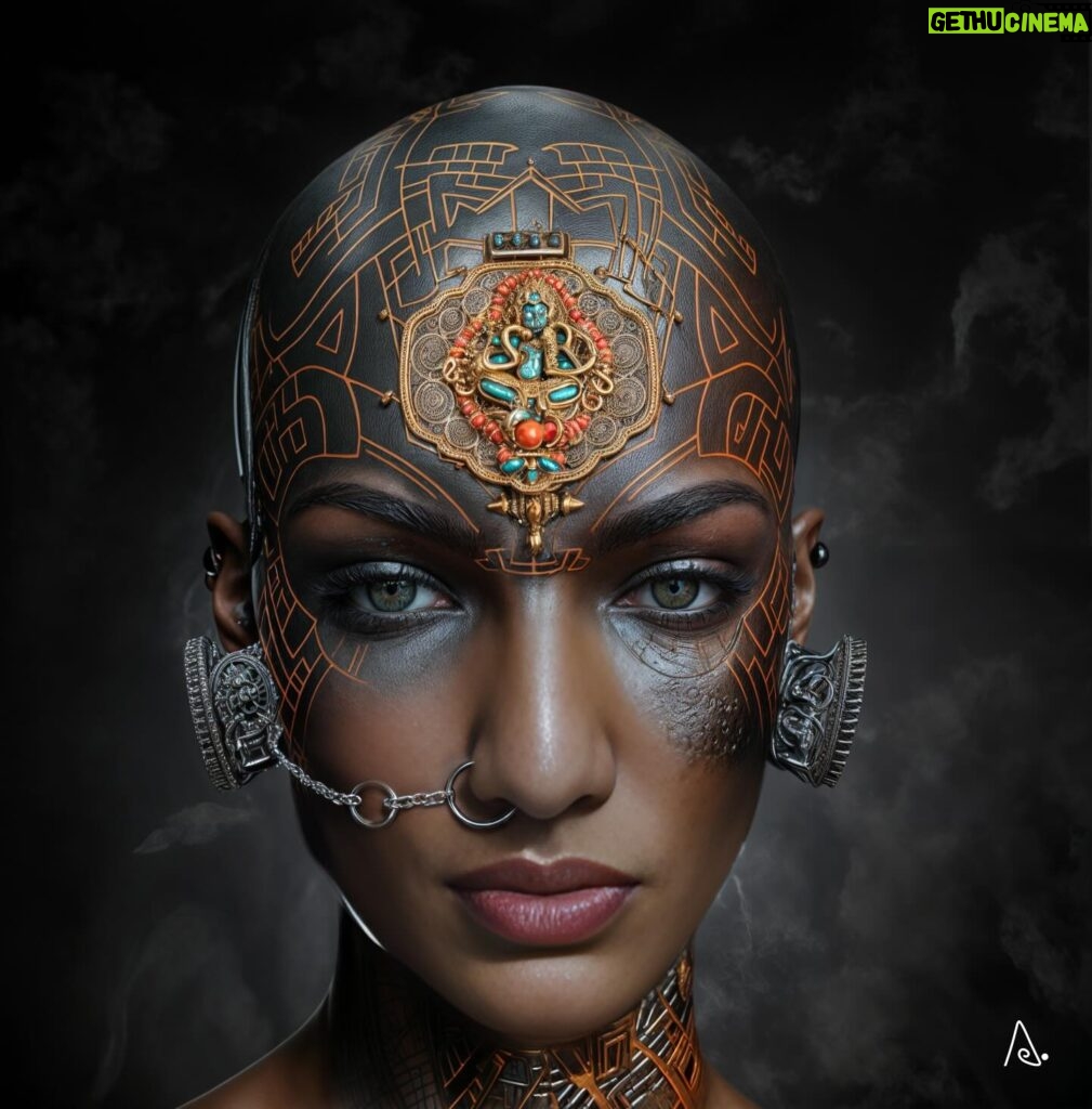 Priyanka Karki Instagram - In the depths of a cybernetic underworld, amidst the hum of machinery and the glow of neon, stands Nirvikara, the Cybernetic Devi. Her bald head gleams under the flickering lights, adorned with intricate tantric tattoos inspired by Newari traditions. With a cybernetic implant embedded in her forehead, she embodies the fusion of ancient artistry and futuristic technology. Her eyes, sharp and focused, betray the depth of her strength and determination, while metallic enhancements hint at her augmented abilities. Adorning her ear is a piece reminiscent of the Newari toran, symbolizing her role as a gateway to salvation in this cybernetic realm of chaos and innovation.