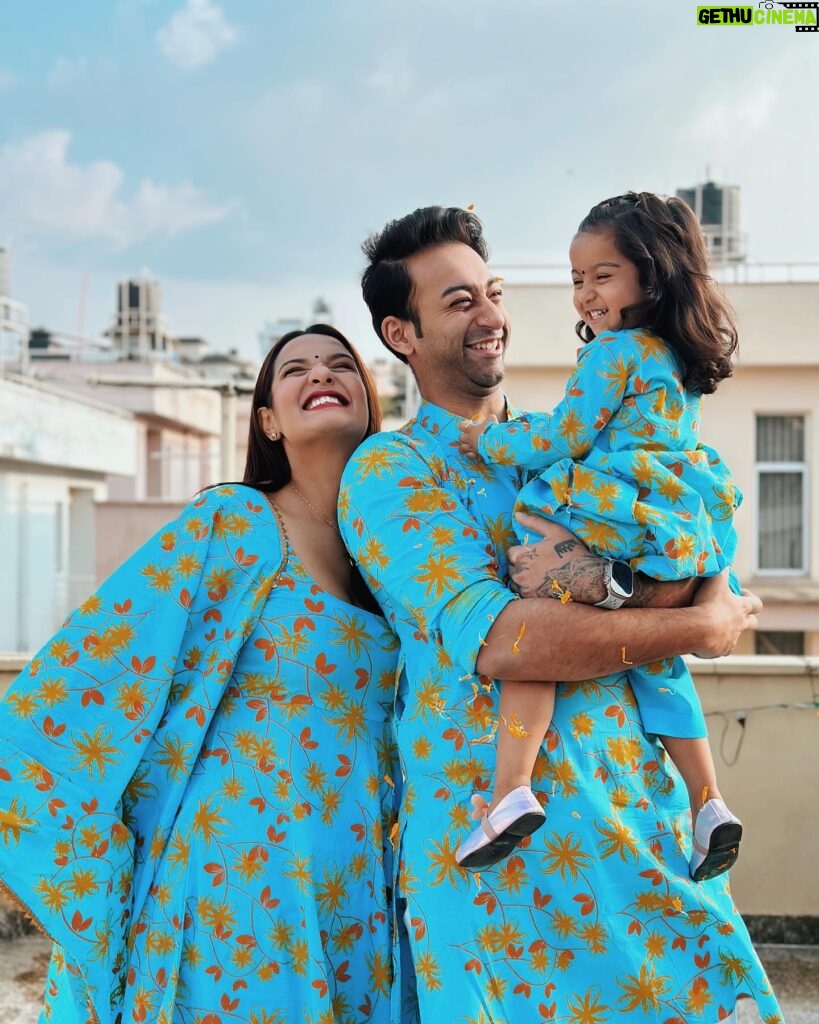 Priyanka Karki Instagram - Showing off our bright side today 🦋 Thank you @shiborinepal__ for our gorgeous festive Tihar outfits 💙 We absolutely loved them ⭐️🤍