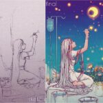 Qing Han Instagram - Initial sketch vs final image. • I do have a sketchbook just filled with really rough doodles and shitty drawings that'll never see the light of day unless I someday get a patreon and show my shitty sketches hahaha~~ • • • Sorry, I wanted to finish my drawing but my body just can't keep up, and I still need to go to work 8 hours a day. I might be having more heart problems again, since my symptoms seems very much like referred pain where my heart is having a problem and it shows up as muscular pain...I do sometimes have muscular pain when I get anxious and my heart pounds hard...😢. I'm actually really stressed and scared these days but sometimes I'll be too tired to think too hard about it haha... Got a heart exam scheduled for Feb 21-22, so I'll know for sure after that. I'm going to Japan near the end of March so this is gonna be a headache....I hope it'll be okay...but I'm going anyways =___= argghhhhhhhggggh. I deserve this vacation. Imma go no matter what. It's the only highlight in my life right now, the light at the end of my tunnel of creeping despair and anxiety 😆.... Sorry. Rambled again haha...just ignore me xD. Here's a cookie if you made it this far hahaha 🍪 • • #mood #illustration #sick #stars #drawing