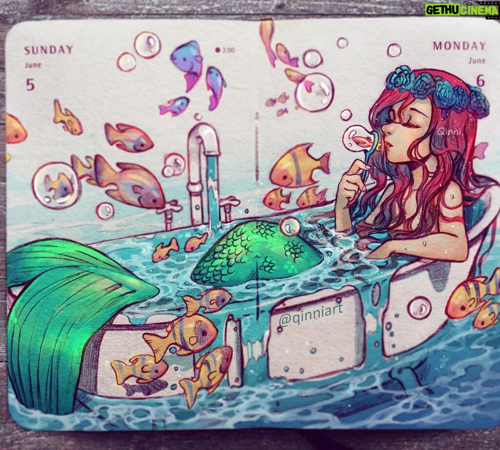 Qing Han Instagram - 【Dreaming of the sea】 🛀🏻🐠 A little Ariel~ • Forced myself through the art block with this one. As you can see, I started it two months ago...hahah...ha...💦💦~ I've totally failed this year's daily sketch so I'll probably keep working on this daily sketchbook even next year to try and fill it up 😤~ and then I can move onto that beautiful dictionary-like sketchbook I showed on my Instagram story yesterday 😆~