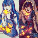 Qing Han Instagram - 2015⭐️vs 2017🌙 So my moon eating girl was actually star eating before 😆~ • Happier with my style nowadays for the face. Though I don't see these things as improvement as much as i see them as style journeys.....for better or for worse. On the other hand, the small space I'm always drawing on in the past 2 years seems to have culminated in a bigger head to body ratio 😂~ just so i'd be able to get more details on the face and yet be able to fit a decent part of the body in as well...damn, I gotta start drawing on bigger paper again.... Which one do you guys prefer? Haha • Sorry, posting this cause I'm still editing that damn video haha...ha.....ヽ(；▽；)ノ Ps. The left is colored pencils and the right is pencils with digital colouring~~
