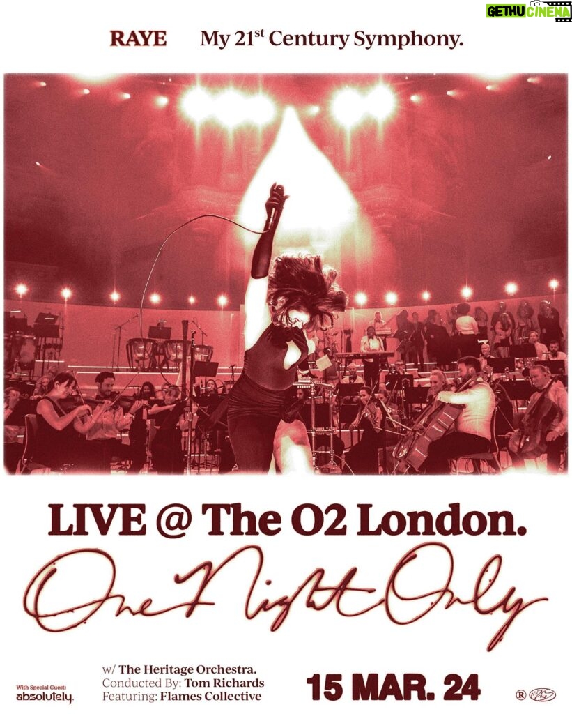 RAYE Instagram - I think we’ve completely lost our minds but we are bringing My 21st Century Symphony to the O2 Arena 🇬🇧🫀🎷🎻🥺for one night only, Friday 15th March 2024. w The Heritage Orchestra and the Flames Collective, we go one more time for a night of joyyyyy and marvellous musicianship celebrating this album in its fullness 🥺🫀🥺🫀🥺🫀 pre sale is available now to all those who are signed up to my mailing list and general sale is Tuesday at 10am GMT