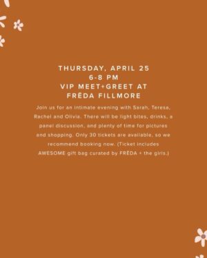 Rachel Bilson Instagram - OK GUYS WE ARE COMING TO SAN FRAN!  @fredasalvador PRESENTS 
THE MOTHER DAZE   BROAD IDEAS IRL COMMUNITY   CONNECTION EVENT

Join us April 25th 6-8pm and April 26th 11-2pm 

@fredasalvador will be hosting us for two ticketed events. It will be all about community, connection and good times. More details are below, we can’t wait to see you!

HERE’S WHAT’S ON:
THURSDAY, APRIL 25
6-8 PM

VIP MEET GREET AT FRĒDA FILLMORE
Join us for an intimate evening with Sarah, Teresa, Rachel and Olivia. There will be light bites, drinks, a panel discussion, and plenty of time for pictures and shopping. Only 30 tickets are available, so we recommend booking now. (Ticket includes AWESOME gift bag curated by FRĒDA   the girls.) 

FRIDAY, APRIL 26
11-2 PM
AT THE 1HOTEL
VIP   GENERAL ADMISSION 

There will be a live panel discussion, stories, manifestation, meditation and Q&A followed by sips from Sophie James, bites from 1Hotel and a FRĒDA pop-up shop to view our latest collection. You’ll have the chance to mingle with all the hosts and get pics!
There are 20 VIP tickets (this includes a special gift bag curated by FRĒDA and the girls) and 60 General Admission tickets. Link in bio!!