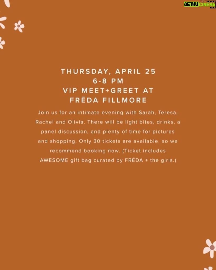 Rachel Bilson Instagram - OK GUYS WE ARE COMING TO SAN FRAN!  @fredasalvador PRESENTS THE MOTHER DAZE BROAD IDEAS IRL COMMUNITY CONNECTION EVENT Join us April 25th 6-8pm and April 26th 11-2pm @fredasalvador will be hosting us for two ticketed events. It will be all about community, connection and good times. More details are below, we can’t wait to see you! HERE’S WHAT’S ON: THURSDAY, APRIL 25 6-8 PM VIP MEET GREET AT FRĒDA FILLMORE Join us for an intimate evening with Sarah, Teresa, Rachel and Olivia. There will be light bites, drinks, a panel discussion, and plenty of time for pictures and shopping. Only 30 tickets are available, so we recommend booking now. (Ticket includes AWESOME gift bag curated by FRĒDA the girls.) FRIDAY, APRIL 26 11-2 PM AT THE 1HOTEL VIP GENERAL ADMISSION There will be a live panel discussion, stories, manifestation, meditation and Q&A followed by sips from Sophie James, bites from 1Hotel and a FRĒDA pop-up shop to view our latest collection. You’ll have the chance to mingle with all the hosts and get pics! There are 20 VIP tickets (this includes a special gift bag curated by FRĒDA and the girls) and 60 General Admission tickets. Link in bio!!