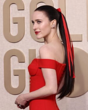 Rachel Brosnahan Instagram - 💋🌹❣️ Thank you to my brilliant friend @sergiohudson for the dreamiest dress and the squad for getting this gal @goldenglobes ready ❣️🌹💋