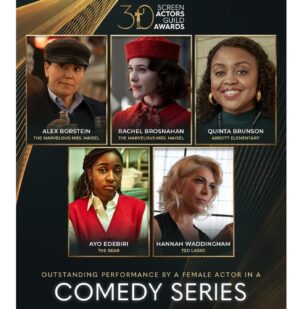 Rachel Brosnahan Instagram - Grateful to be closing out this chapter with the ketchup to my mustard, the pie to my cake, my dearest Smidge, @alexborstein. And look at the company we get to keep! Thank you @sagawards. No greater feeling than being honored by your peers.