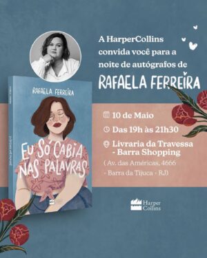 Rafaela Ferreira Instagram - É hoje, galera do Rio! Já estou por aqui! ❤️

Hoje às 19h na Livraria da Travessa do Barra Shopping vai rolar a noite de autógrafos do meu livro e eu espero vocês por lá! 

Contando os segundos pra abraçar cada um de vocês. ✨