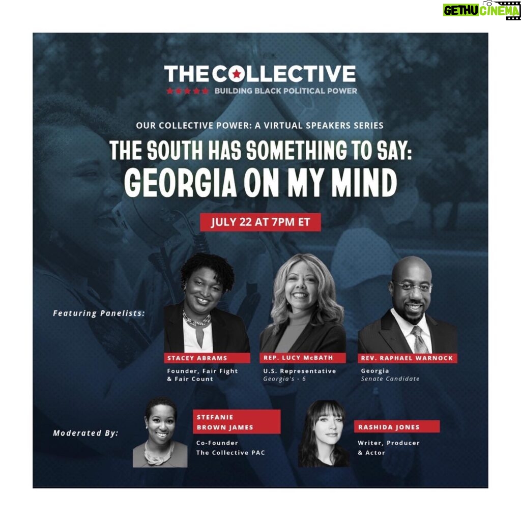 Rashida Jones Instagram - Join me tomorrow with this fantastic group!  We will be discussing voting, this crucial cultural moment, and the "state of Georgia" in the state of Georgia as we move towards a critical election in November. Link in bio. @collectivepac @staceyabrams @replucymcbath @raphaelwarnock @stefbrownjames