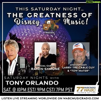 Raven-Symoné Instagram - Tonight The Music Greatness of Disney! @officialtonyorlando interviewed myself and @gitrdonegram as well as talking about the great music throughout the history of Disney check it out! LISTEN: 10pm-Midnight EST 9pm-11pm CST 7pm-9pm PST STREAMING WORLDWIDE ON WABCMUSICRADIO.COM