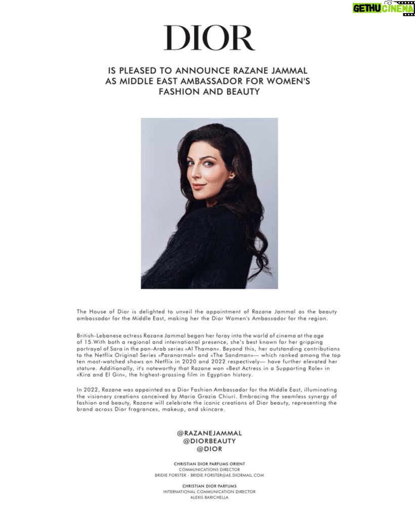 Razane Jammal Instagram - It gives me great pleasure to announce that I am now Dior’s Woman Ambassador for the Middle East. It was such an incredible experience to represent the iconic Fashion House of @dior last year and I’m thrilled to be expanding our partnership into the world of @diorbeauty. It is a privilege to be able to represent my culture within a brand with a strong history of empowering women. I’m grateful to see my Dior family grow and to be aligned with exceptional women from both sides of the pond. Thank you for your trust in me, I cannot wait for all the things we will accomplish together this year. #OneDior بيشرّفني إعلن إنّي تعيّنت سفيرة ديور للسيّدات بالشرق الأوسط. كانت تجربة كتير حلوة إنّي مثّلت دار الأزياء الشهيرة ديور السنة الماضية بالشرق الأوسط، ومحمّسة كتير لأنه السنة رح كون عم وسّع علاقتي معن لعالم الجمال. أنا فخورة إنّي رح كون عم بنقل ثقافتنا للغرب وعم قرّب الغرب منّا مع ماركة عندها تاريخها بدعم المرأة. كتير مبسوطة لأنّي رح إشتغل مع فريق نساء رائعات وملهمات ومحظوظة إنّو عايلتي بديور عم تكبر أكتر وأكتر. شكراً ديور على الثقة، كتير محمّسة شوف شو ناطرني هالسنة! Photo @jeremyzaessinger