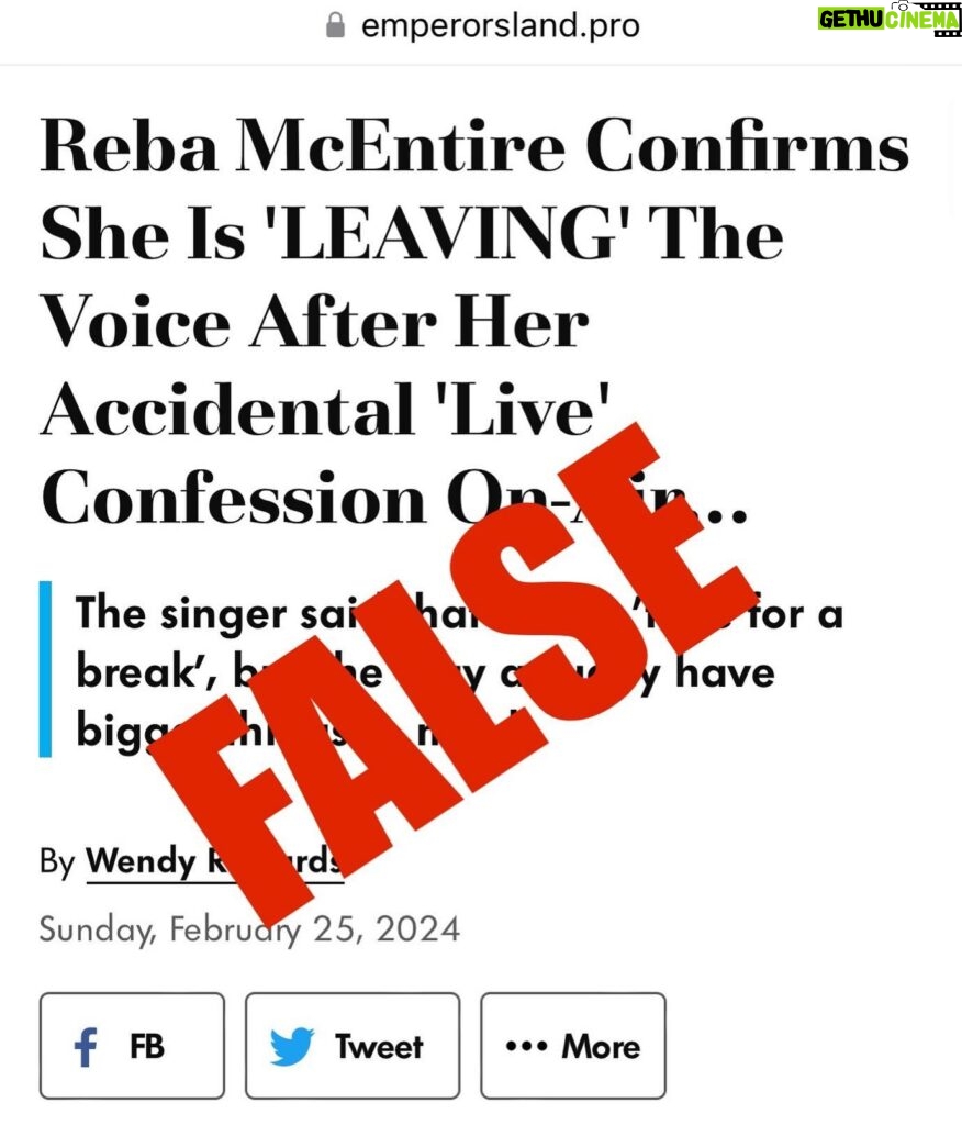 Reba McEntire Instagram - Please do not click on any articles that say I am leaving The Voice. This is not true. These are fake websites to lure people in with clickbait where they claim I have a company to sell weight loss gummy products. This is false. I do not sell or promote any type of gummy product. Please report these posts if you see them on Facebook or Instagram.