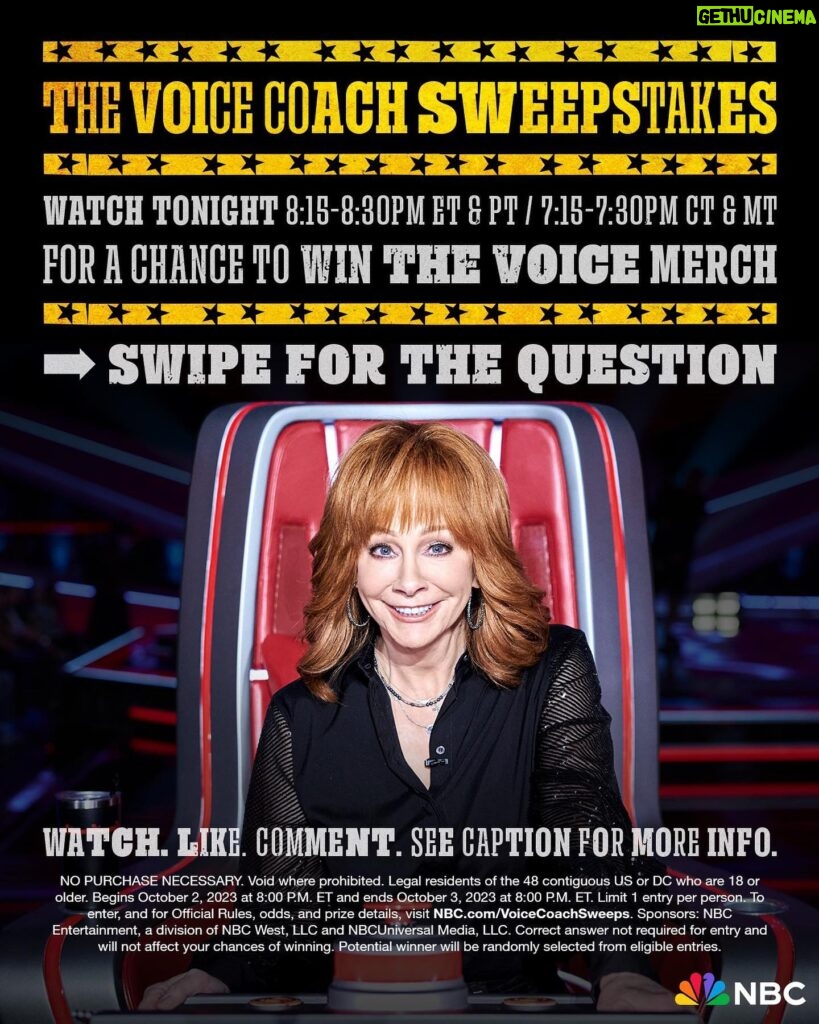 Reba McEntire Instagram - CLOSED. Team Reba fans are you ready?! 🌟Tune in to tonight’s episode at the time listed below for your time zone in order to answer the question on the next slide. Like this post and comment your answer below to enter for the chance to win The Voice merch! Link in bio for Official Rules. Eastern: 8:30 to 8:45 PM ET Central: 7:30 to 7:45 PM CT Mountain: 7:30 to 7:45 MT Pacific: 8:30 to 8:45 PT A correct answer is not required to receive your entry and will not affect your chances of winning. Potential winner will be randomly selected from eligible entries. Entry period ends Tuesday October 3 8pm ET  5pm PT.