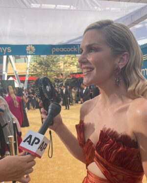 Rhea Seehorn Instagram - The #BCS Family had so much (sweaty) fun taking that #Emmy yellow carpet by (sweaty) storm!!! 
Thank you to the @televisionacad for all our @bettercallsaulamc nominations & congrats to the award winners!!!
I love, love, loved my @georgeschakraofficial dress, beautiful gold (comfortable) heels by @sarahflint_nyc , otherworldly jewelry by @lorraineschwartz , and a super cool modern take on old Hollywood glamour hair & makeup by @matthewstylist & @kayleenmcadams . 
Thank you @highheelprncess for the impeccable styling & @whatsupbabyruth @kendallhein & @viewpoint & @amc_tv for an incredible couple of months/years leading me here! 
xxoo