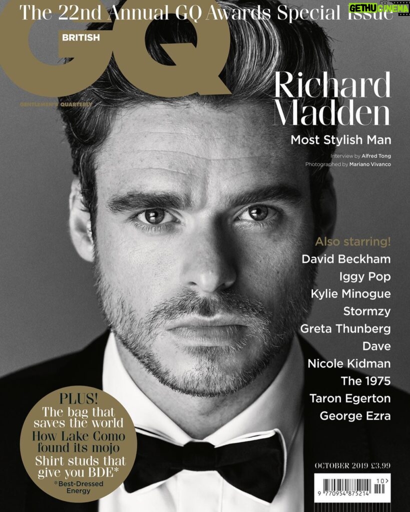 Richard Madden Instagram - @britishgq Out Now! Thank you so much for honouring me with this years Hugo @boss Most Stylish Man at the #GQAwards !! Thank you to @ritaora for presenting it to me 🔥 Writer: @alfredcytong Groomer: @charley.mcewen Photographer: @marianovivanco Stylist: @tonycooky Creative direction: @paulsolomonsgq